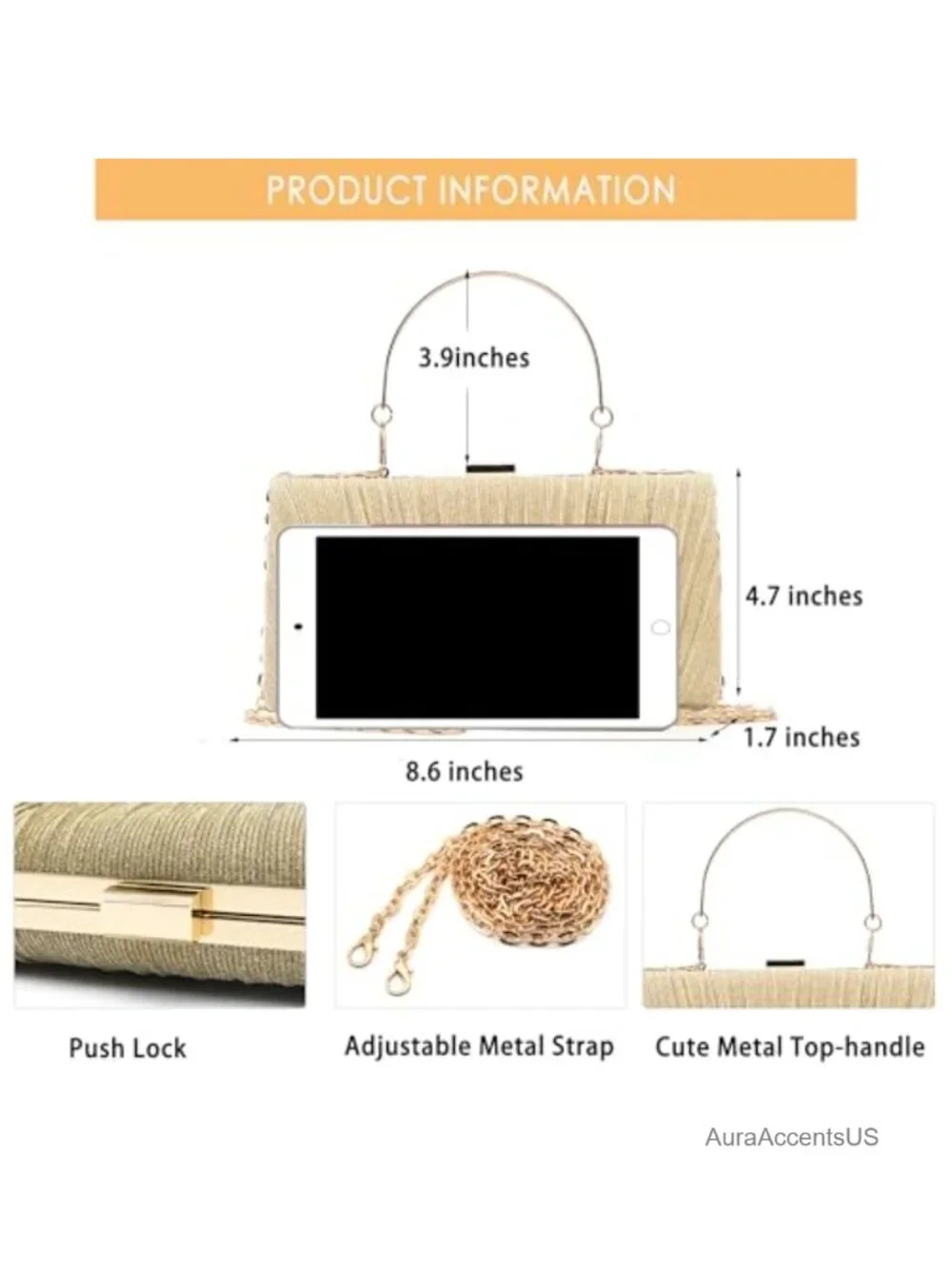 Pleated Clutch Evening Bag with Detachable Chain for Wedding Prom Party